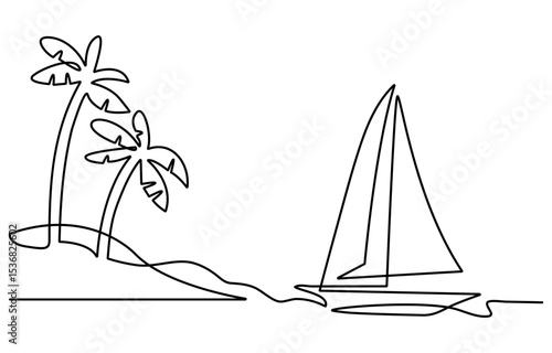 A minimalist line drawing depicts a sailboat plam tree with a single sail navigating wavy ocean waters. The artwork is created with a continuous line, showcasing simplicity and elegance.