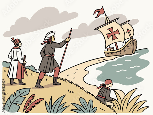 A stylized illustration of a medieval Italian caravel approaching a coastal settlement. A charming, hand-drawn illustration depicting a historical Italian caravel sailing towards a picturesque coastal