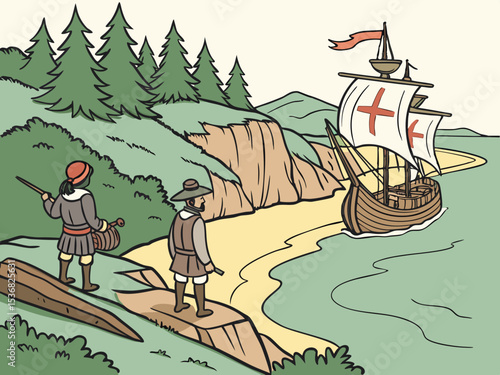 A stylized illustration of a medieval Italian caravel approaching a coastal settlement. A charming, hand-drawn illustration depicting a historical Italian caravel sailing towards a picturesque coastal