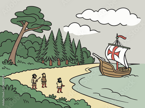 A stylized illustration of a medieval Italian caravel approaching a coastal settlement. A charming, hand-drawn illustration depicting a historical Italian caravel sailing towards a picturesque coastal