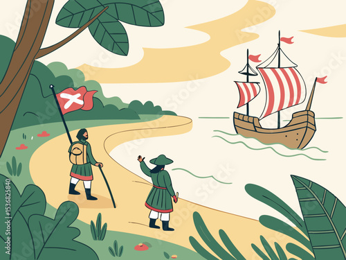 A stylized illustration of a medieval Italian caravel approaching a coastal settlement. A charming, hand-drawn illustration depicting a historical Italian caravel sailing towards a picturesque coastal