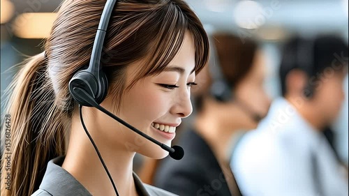 Smiling asian woman working in a call center in tokyo during the day