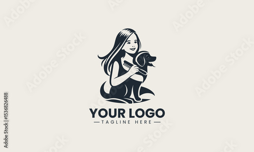 Joyful little dog bonding with smiling young girl in adorable and heartwarming cartoon vector logo design