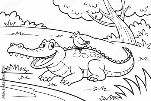 coloring page for kids, a cartoon crocodile sunbathing on a river bank, smiling with its mouth slightly open, a little bird is sitting on its back, thick outlines, black and white