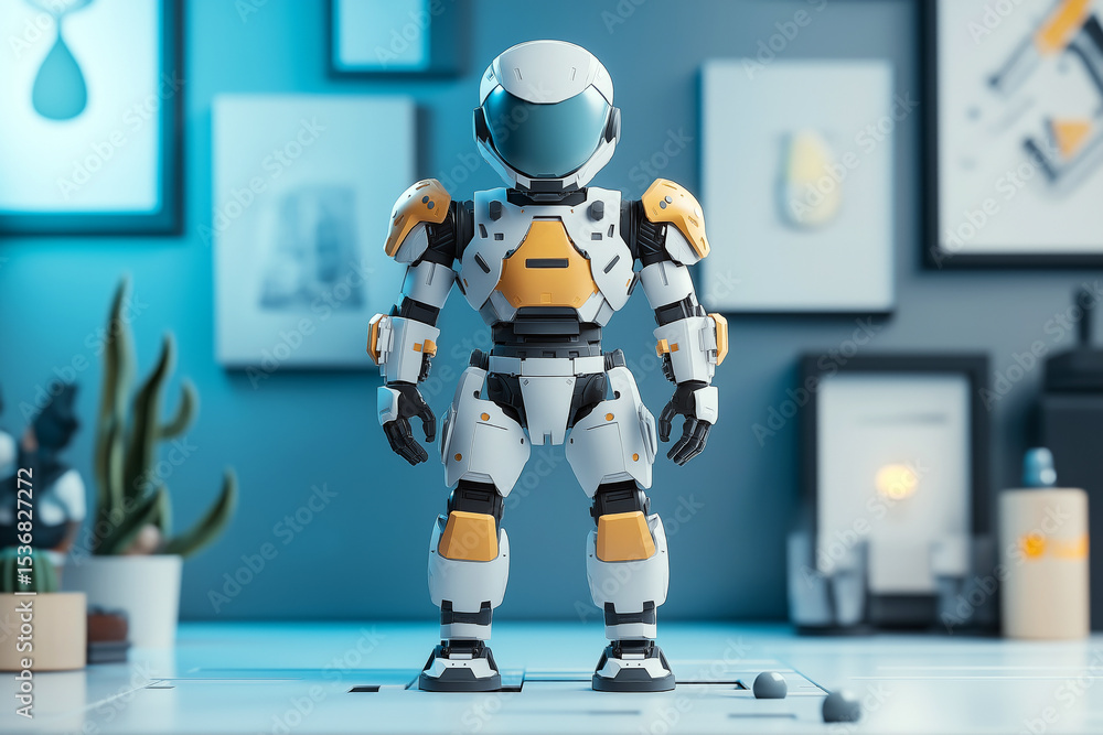 Naklejka premium Futuristic humanoid robot with white and yellow armor standing upright in a modern tech lab with blue-toned decor and minimalistic furnishings.
