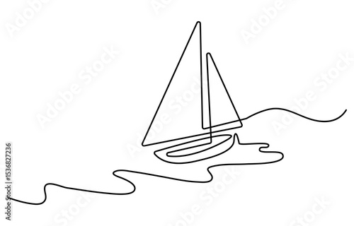 A minimalist line drawing depicts a sailboat plam tree with a single sail navigating wavy ocean waters. The artwork is created with a continuous line, showcasing simplicity and elegance.
