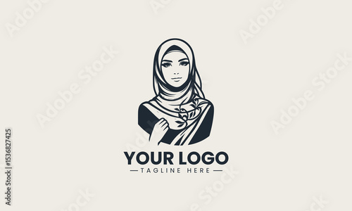 Beautiful young Muslim woman smiling while wearing stylish hijab and elegant modest clothing vector logo illustration design