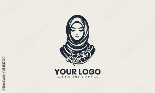 Beautiful young Muslim woman smiling while wearing stylish hijab and elegant modest clothing vector logo illustration design