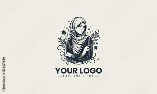 Beautiful young Muslim woman smiling while wearing stylish hijab and elegant modest clothing vector logo illustration design