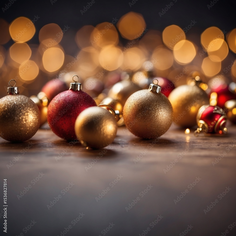 Christmas ornaments in warm, inviting setting with golden and red tones Christmas ornaments in warm, inviting setting with golden and red tones