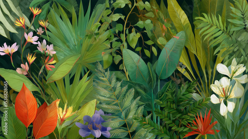 Vibrant Jungle Mural Featuring Lush Tropical Plants and Exotic Flowers