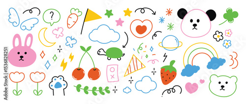 Set of cute colorful line doodle element vector. Hand drawn doodle collection of arrow, speech bubble, crown, flower, scribble, rabbit, bear. Design for decoration, sticker, idol poster, kids.
