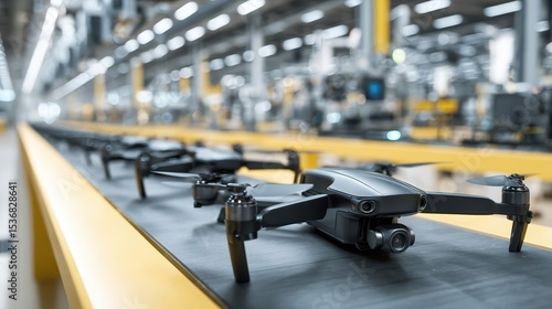 A low-angle view of newly assembled drones on a factory production line.