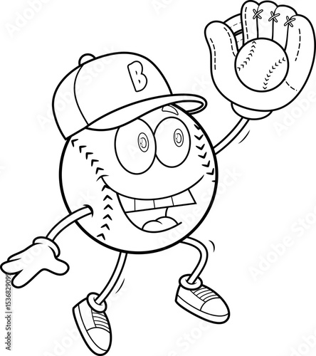 Baseball Cartoon Mascot Character Jumping And Catching Ball With Glove