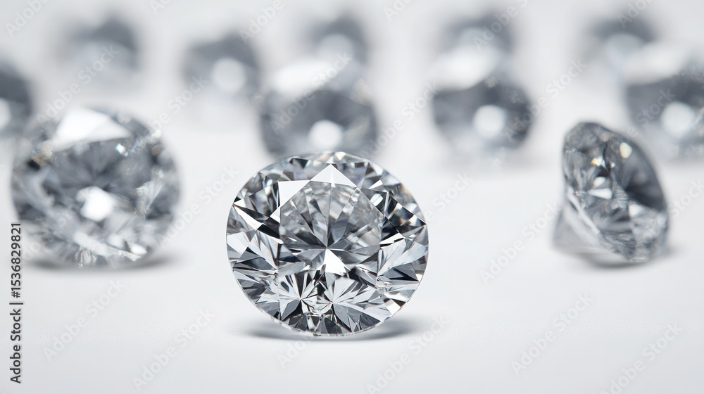 Close-up of Multiple Bright Sparkling Round Cut Diamonds with High Clarity and Brilliant Reflection on White Surface for Jewelry and Luxury Accessory Design Close-up of Multiple Bright Sparkling Round Cut Diamonds with High Clarity and Brilliant Reflection on White Surface for Jewelry and Luxury Accessory Design