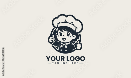 Smiling cartoon female chef character in tall white hat showing thumbs up vector logo illustration design