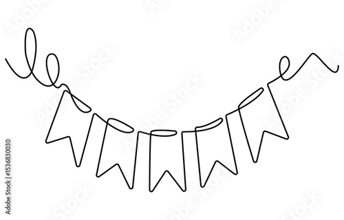 Continuous line art drawing buntings garland. Celebration party hand drawn flags. Vector linear illustration isolated on white.