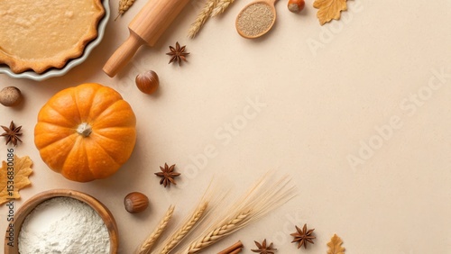 Autumn baking ingredients flat lay with pumpkin pie and copy space