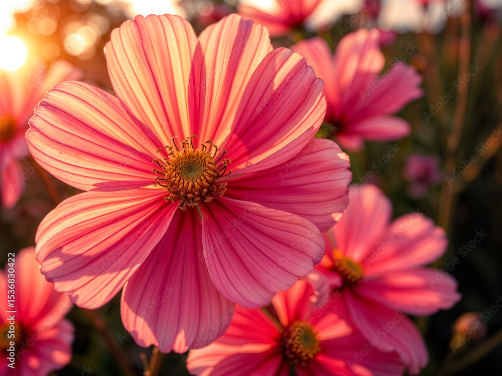 Obraz premium Close-up of blooming pink cosmos flowers at sunset, perfect for floral, nature, or garden themes. Generative AI