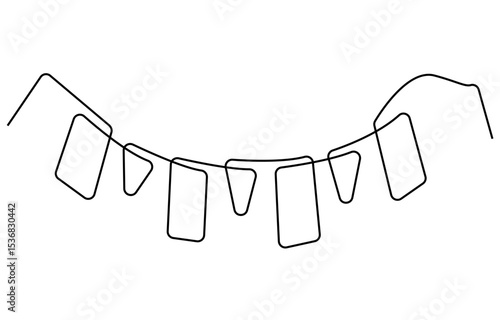 Continuous line art drawing buntings garland. Celebration party hand drawn flags. Vector linear illustration isolated on white.