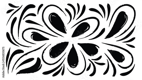 Abstract symmetrical design featuring stylized brush strokes and teardrop shapes in black and white color 100