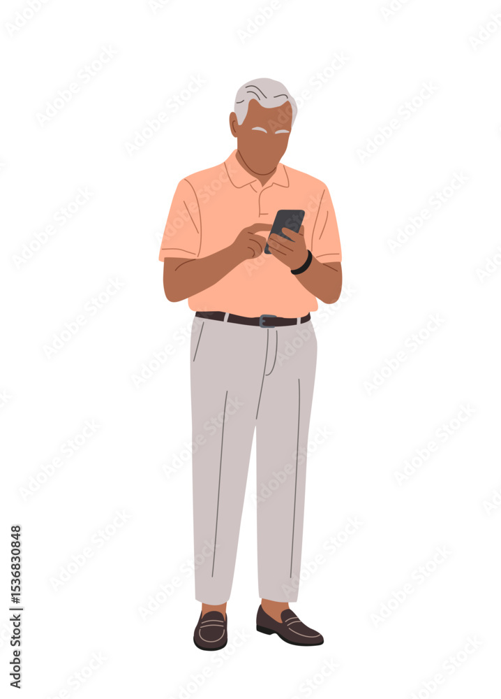 Obraz premium Vector illustration of senior man with gray hair in smart casual summer outfit, standing full length and using smartphone, isolated on transparent background. Perfect for lifestyle and tech themes
