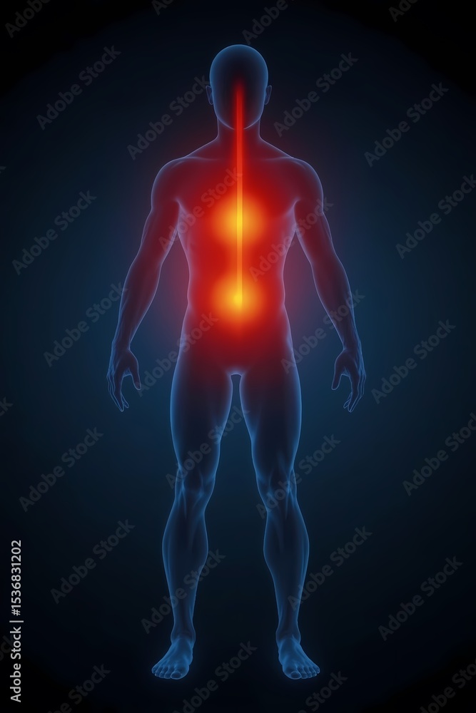 A full-body human silhouette with soft glowing temperature gradients moving from the core (warm red and orange) to the extremities (cool blue) visualizing thermoregulation and heat flow A full-body human silhouette with soft glowing temperature gradients moving from the core (warm red and orange) to the extremities (cool blue) visualizing thermoregulation and heat flow