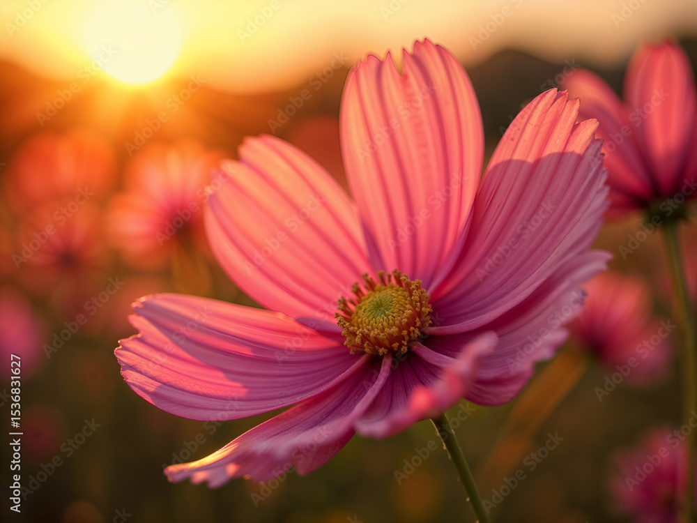 Fototapeta premium Close-up of blooming pink cosmos flowers at sunset, perfect for floral, nature, or garden themes. Generative AI