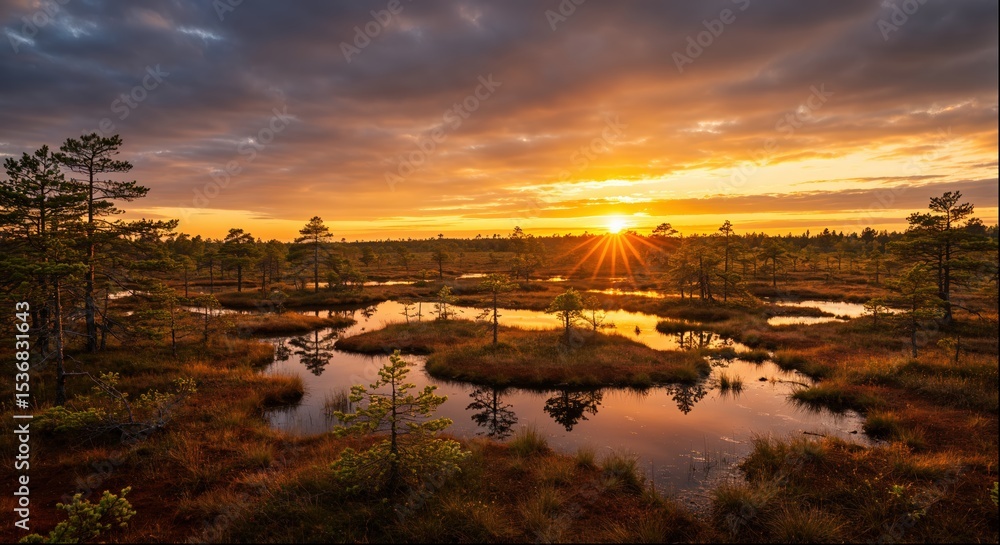 Obraz premium A stunning landscape photograph captures a serene, sun-drenched bog at sunrise. 