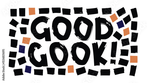 Illustration of the word good gook in black surrounded by squares of various colors and orientations