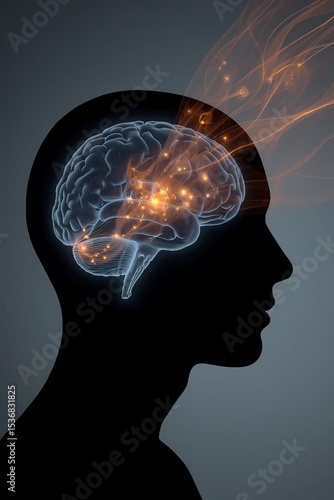 An abstract human head silhouette with dynamic flowing light trails inside the brain representing energy depletion and mental fatigue
