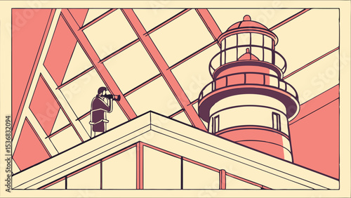 Lighthouse Lookout: Geometric Perspective, Figure with Binoculars, Architectural Study.