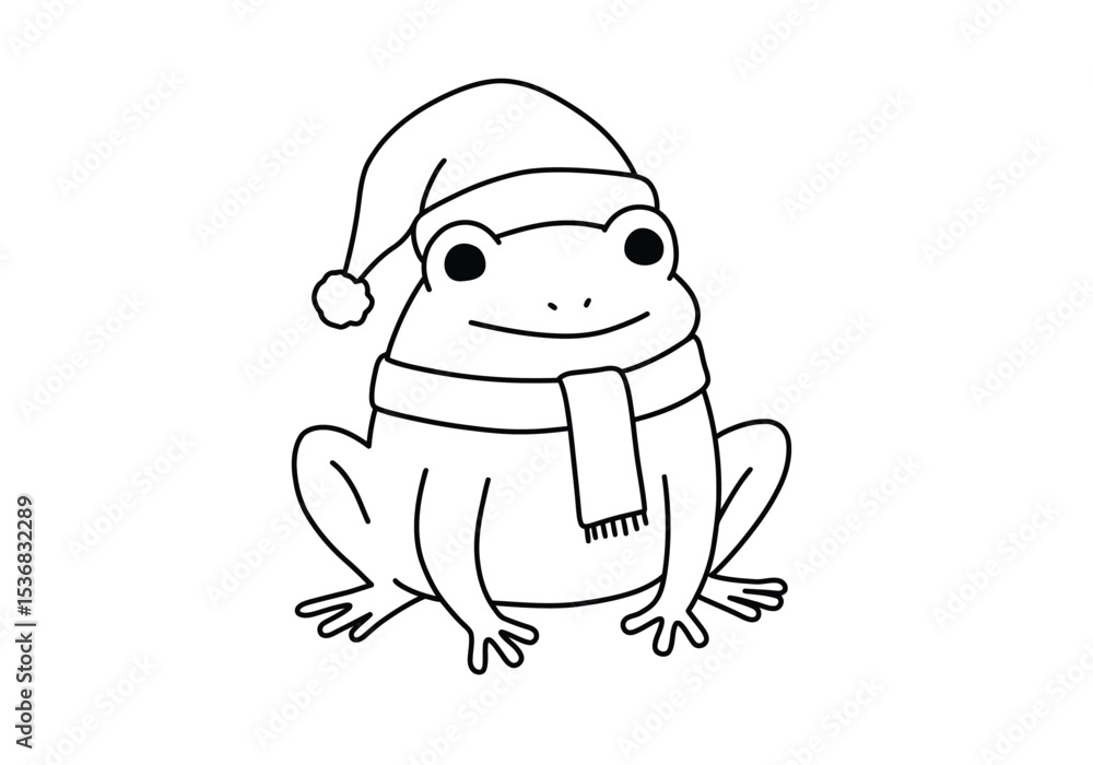 Obraz premium Christmas frog drawing. It is a black and white outline image of a cute frog wearing a Santa hat and scarf, perfect for holiday themes. Vector sketch line art draw.