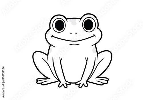 Cartoon frog drawing. It is a black and white outline image of a cute, smiling cartoon frog, depicted in a front-facing, seated pose. Vector sketch line art draw.