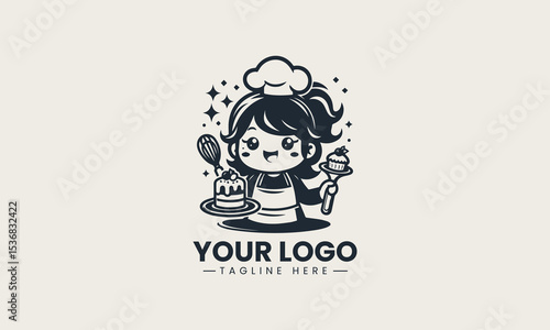 Adorable cartoon girl baking in kitchen while holding small cake and dessert on plate vector logo illustration design