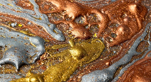 Abstract close-up of shimmering metallic paint in gold, silver, and copper tones