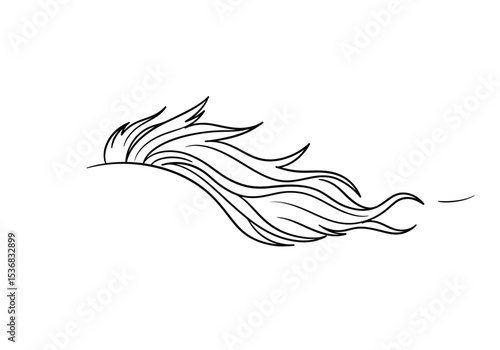 Horse mane drawing. It is a black and white outline image of a horse's flowing mane, suggesting movement and natural elegance. Vector sketch line art draw.
