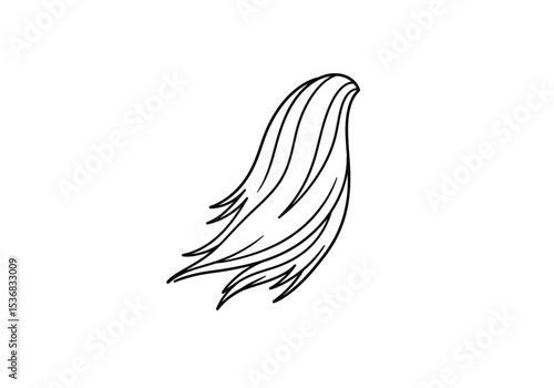 Horse tail drawing. It is a black and white outline image of a horse's flowing tail, suggesting movement and natural elegance. Vector sketch line art draw.