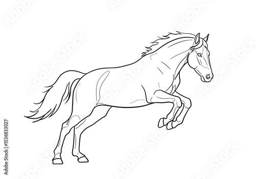 Jumping horse drawing. It is a black and white outline image of a horse in mid-jump, showcasing its dynamic movement and athleticism. Vector sketch line art draw.