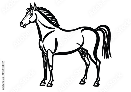 Picasso horse drawing. It is a black and white outline image of a horse in the distinctive minimalist and abstract style of Picasso's animal sketches. Vector sketch line art draw.