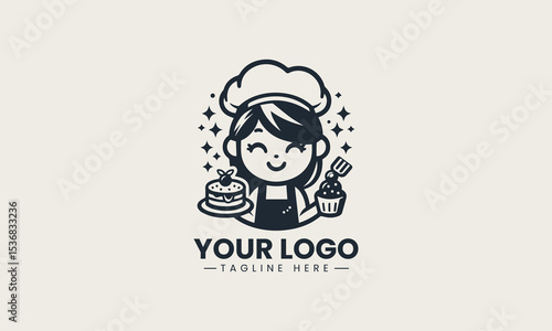 Cute cartoon girl happily baking while holding cake and sweet dessert on plate in cheerful kitchen scene vector logo illustration