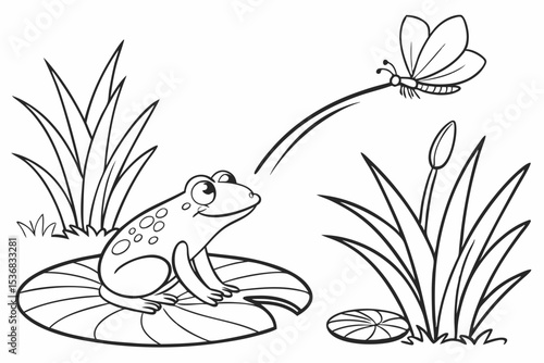 coloring page for kids, a chubby frog sitting on a large lily pad, trying to catch a dragonfly with its long tongue, simple pond scene, thick outlines, black and white