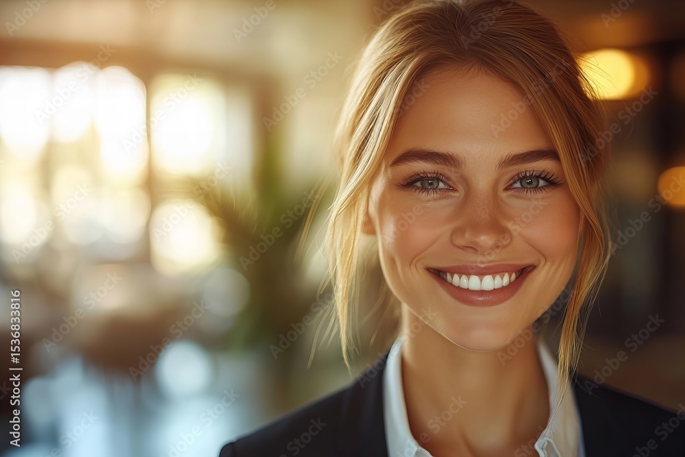 A welcoming female hotel manager greets guests with professionalism and warmth in lobby portrait. A welcoming female hotel manager greets guests with professionalism and warmth in lobby portrait.