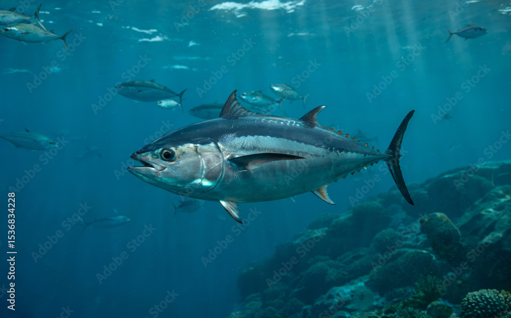 Fototapeta premium Powerful bluefin tuna gliding through crystal clear ocean waters with school companions