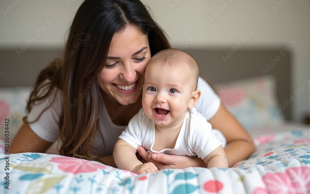 A joyful mother and baby playing together on a bed with a floral quilt, capturing a tender and playful family moment. High quality A joyful mother and baby playing together on a bed with a floral quilt, capturing a tender and playful family moment. High quality
