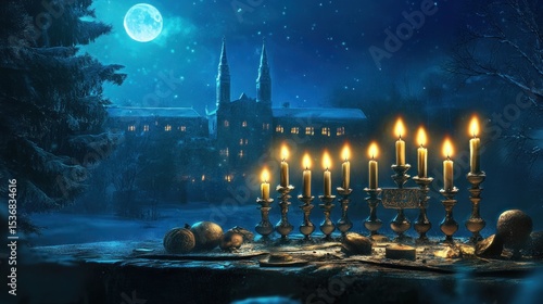 Winter night, menorah, and building