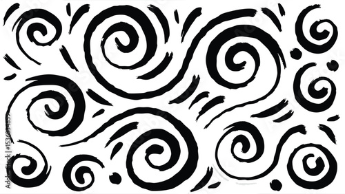 Black brush strokes and swirls scattered randomly on a white background creating a simple pattern