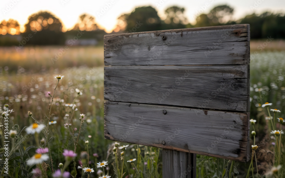 Fototapeta premium Blank weathered wooden signpost surrounded by wildflowers in peaceful countryside meadow