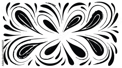 Symmetrical design featuring black brush strokes and droplet shapes on a white background in an abstract style