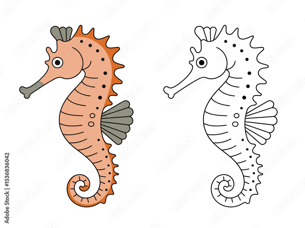 Fototapeta premium Whimsical Seahorse Illustration: Colored and Line Art Versions